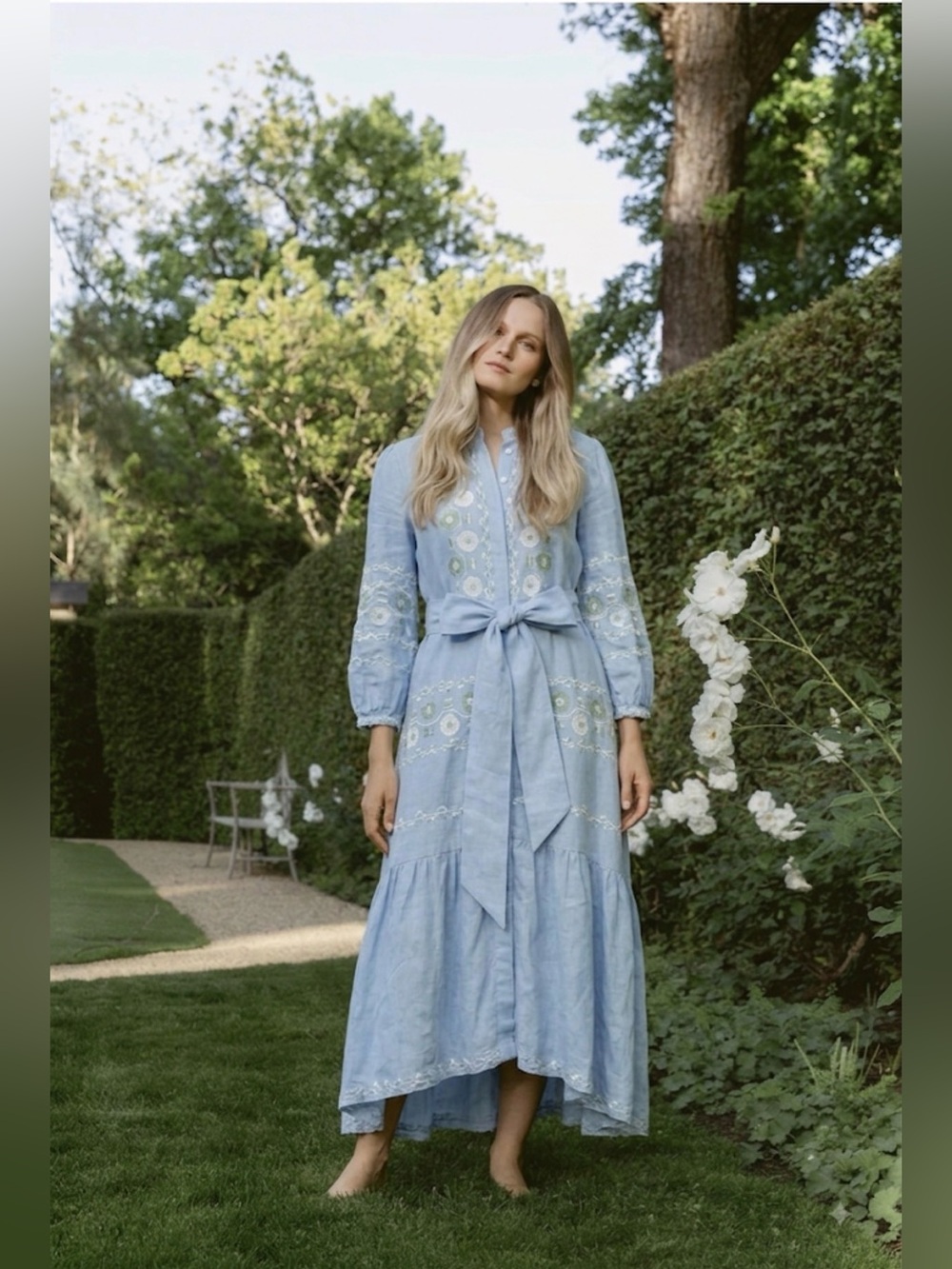 Light Blue Embroidered Maxi Dress with Tie Waist